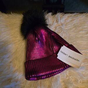 Adrienne Landau Metallic Faux Fur Pom Pom Beanie